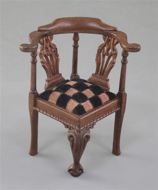 Denis Hillman. A George II style carved mahogany miniature corner armchair, height 3 1/8ins.